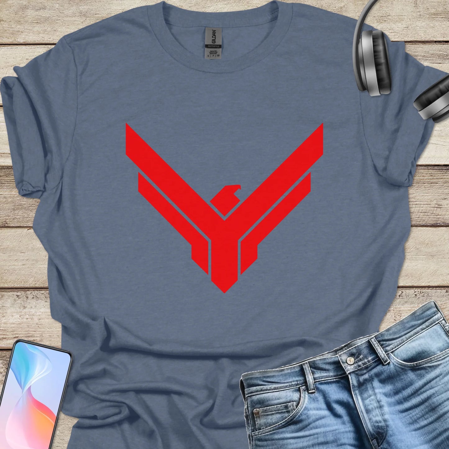Heather Indigo t-shirt featuring red Atreides hawk emblem from Dune universe