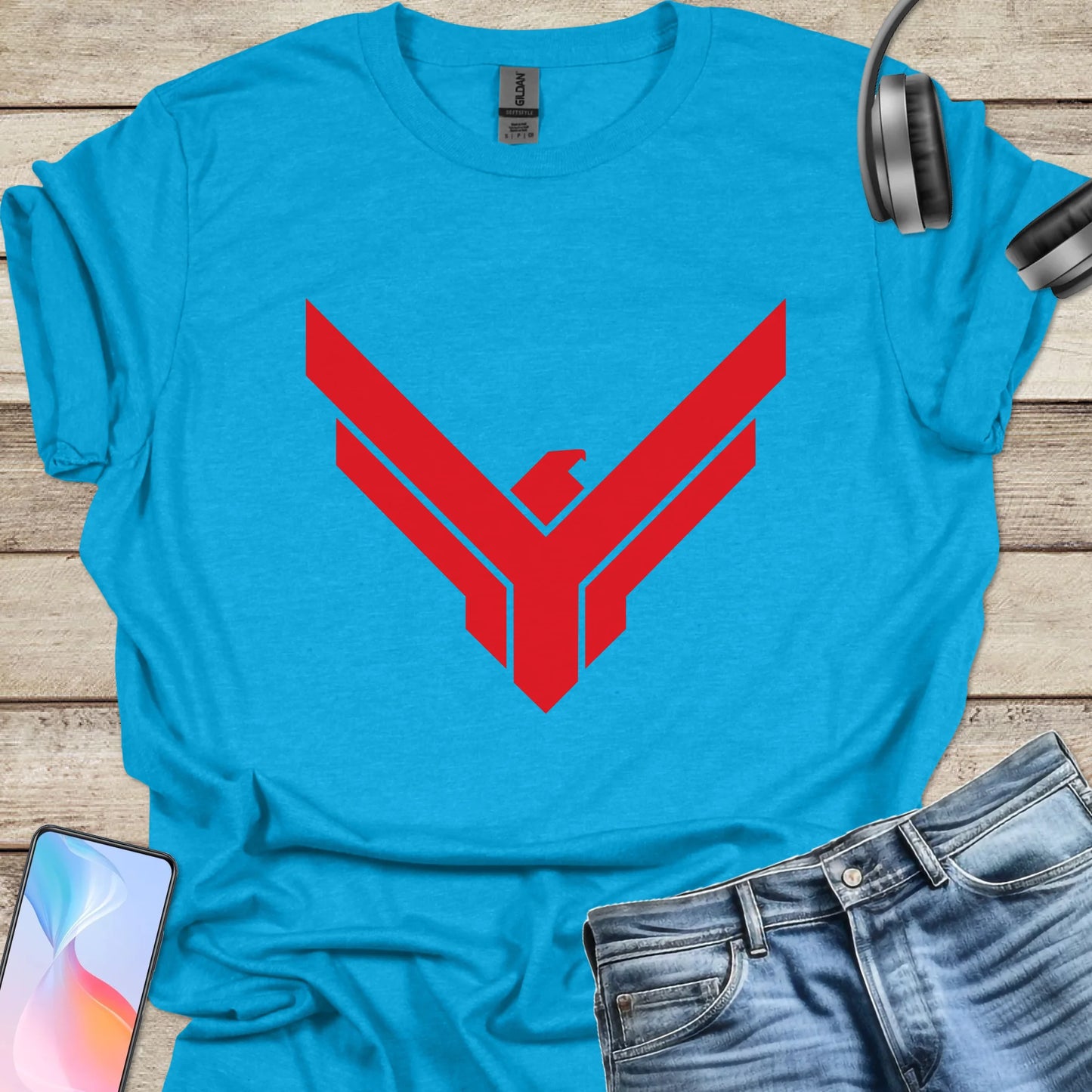 Heather Sapphire t-shirt featuring red Atreides hawk emblem from Dune universe