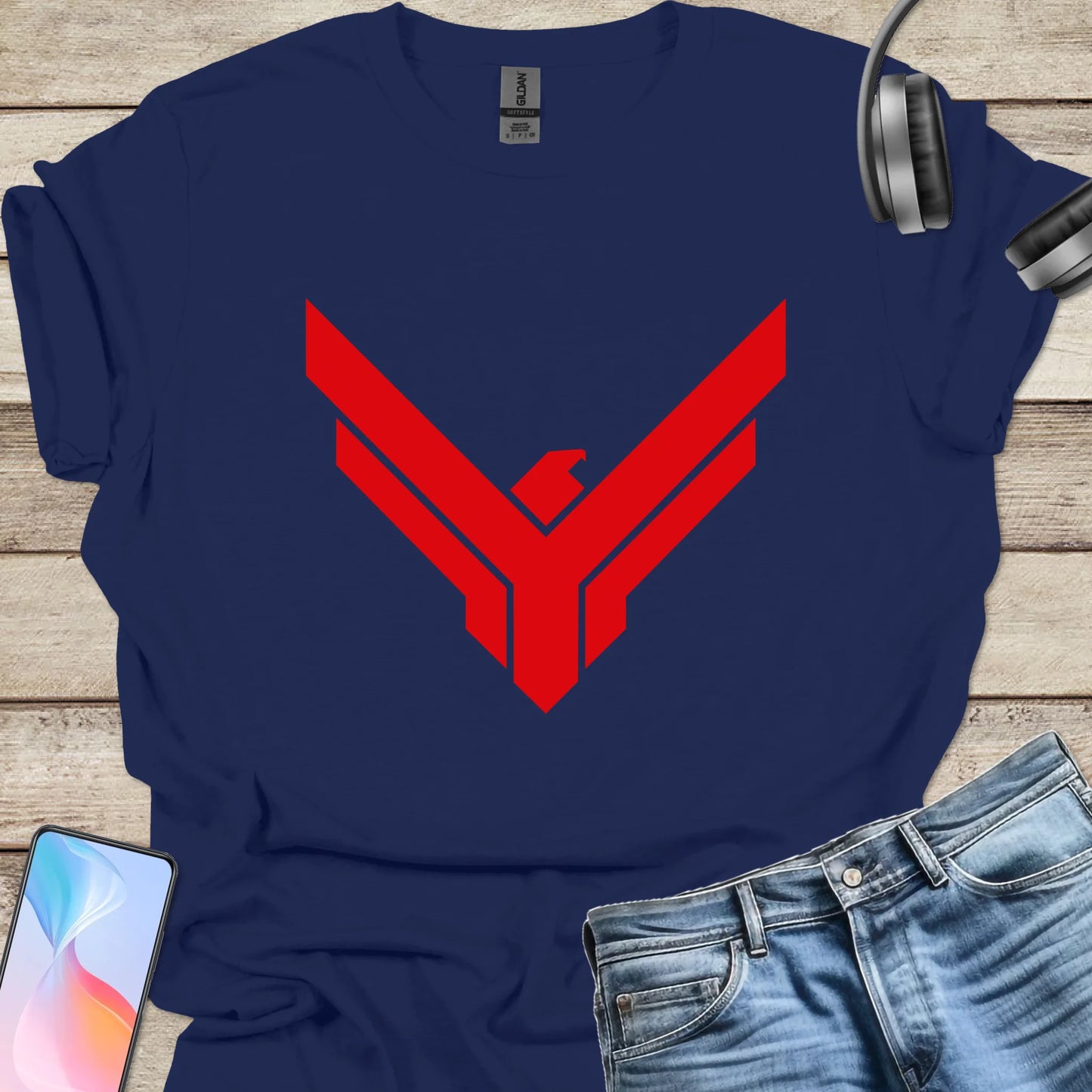 Navy Blue t-shirt featuring red Atreides hawk emblem from Dune universe