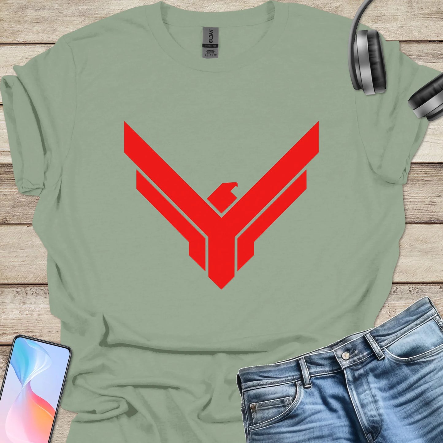 Sage t-shirt featuring red Atreides hawk emblem from Dune universe