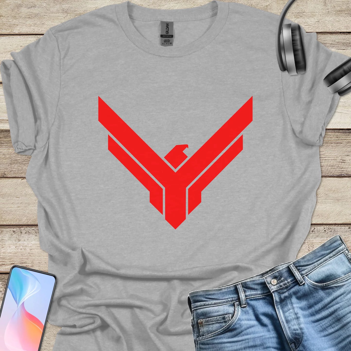 Sport Grey t-shirt featuring red Atreides hawk emblem from Dune universe