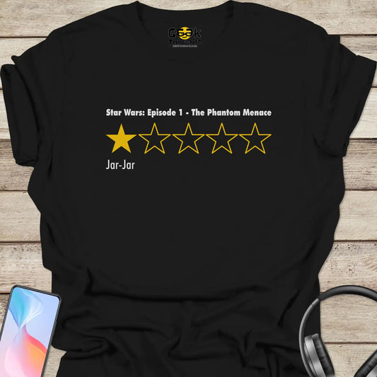 White Shirt: Star Wars Episode 1 rating graphic with one yellow star filled, four outlined stars, and "Jar-Jar"